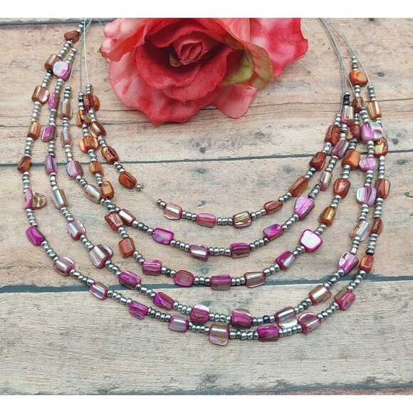 Beachy Silver Tone Pink Dyed Abalone Shell Multi Strand Wire Collar Bib Necklace - Picture 1 of 7